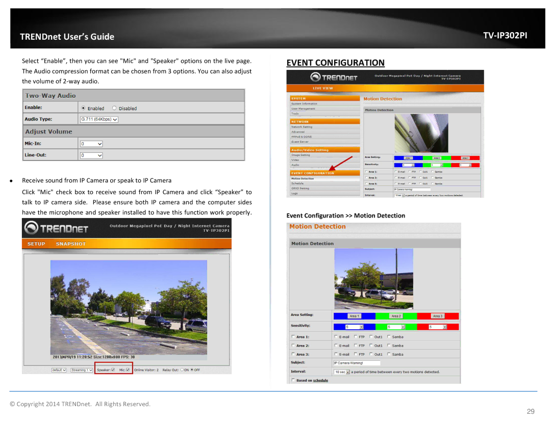 TRENDnet TV-IP302PI, Outdoor PoE Megapixel Day/Night Internet Camera manual Event Configuration Motion Detection 