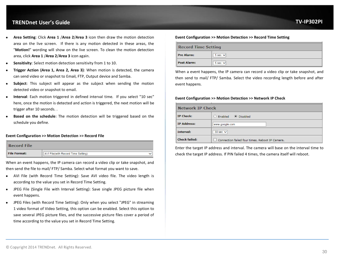 TRENDnet Outdoor PoE Megapixel Day/Night Internet Camera, TV-IP302PI manual Event Configuration Motion Detection Record File 