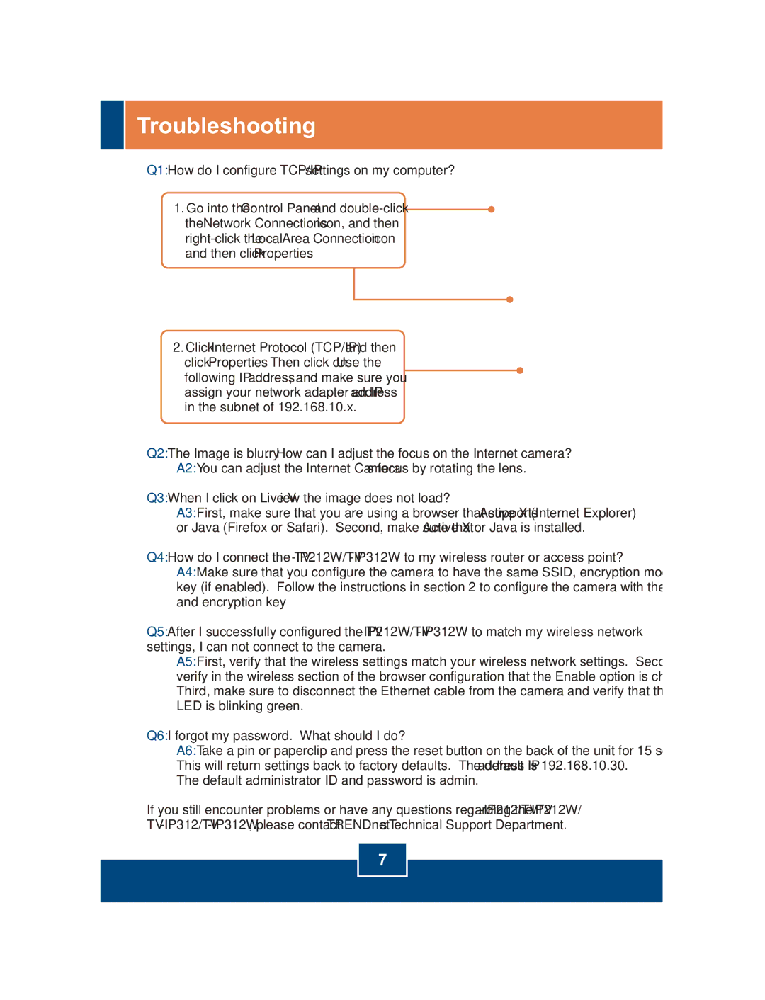 TRENDnet TV-IP312W, TV-IP212W manual Troubleshooting, Q1 How do I configure TCP/IP settings on my computer? 
