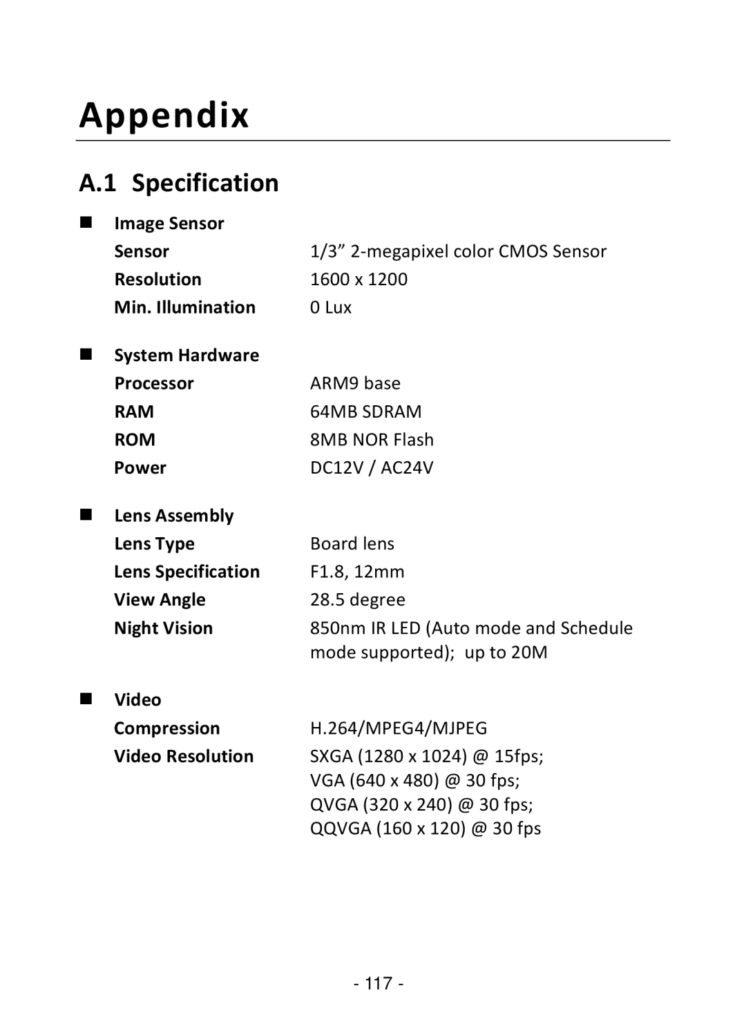 TRENDnet TV-IP322P manual Specification, 8MB NOR Flash 