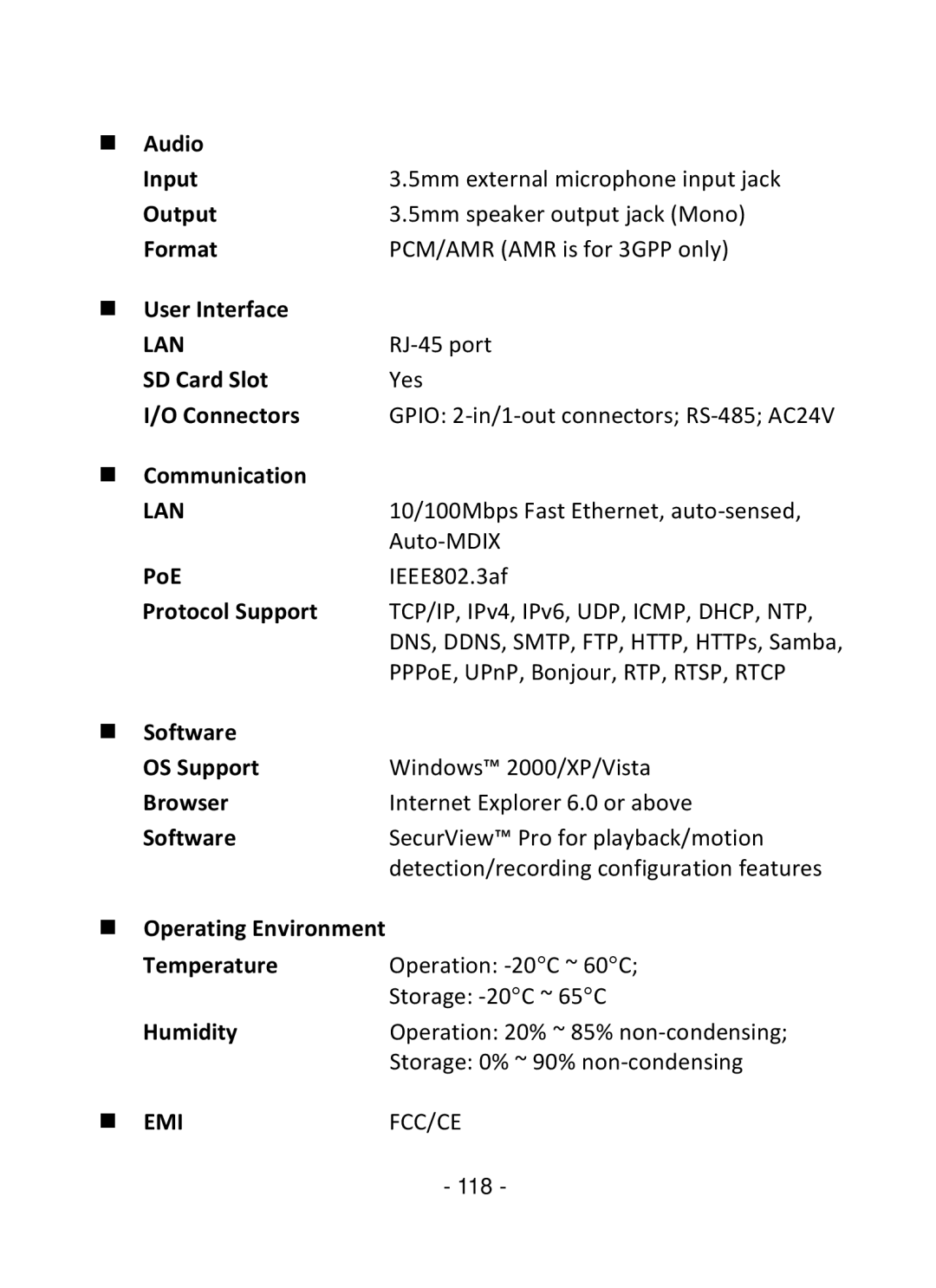 TRENDnet TV-IP322P Audio Input, Output, Format, User Interface, SD Card Slot, Connectors, Communication, Protocol Support 