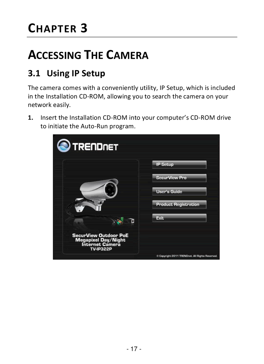 TRENDnet TV-IP322P manual Chapter Accessing the Camera, Using IP Setup 