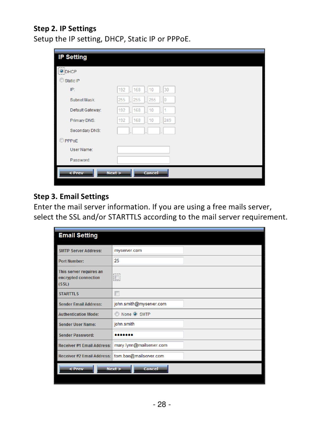 TRENDnet TV-IP322P manual IP Settings, Email Settings 