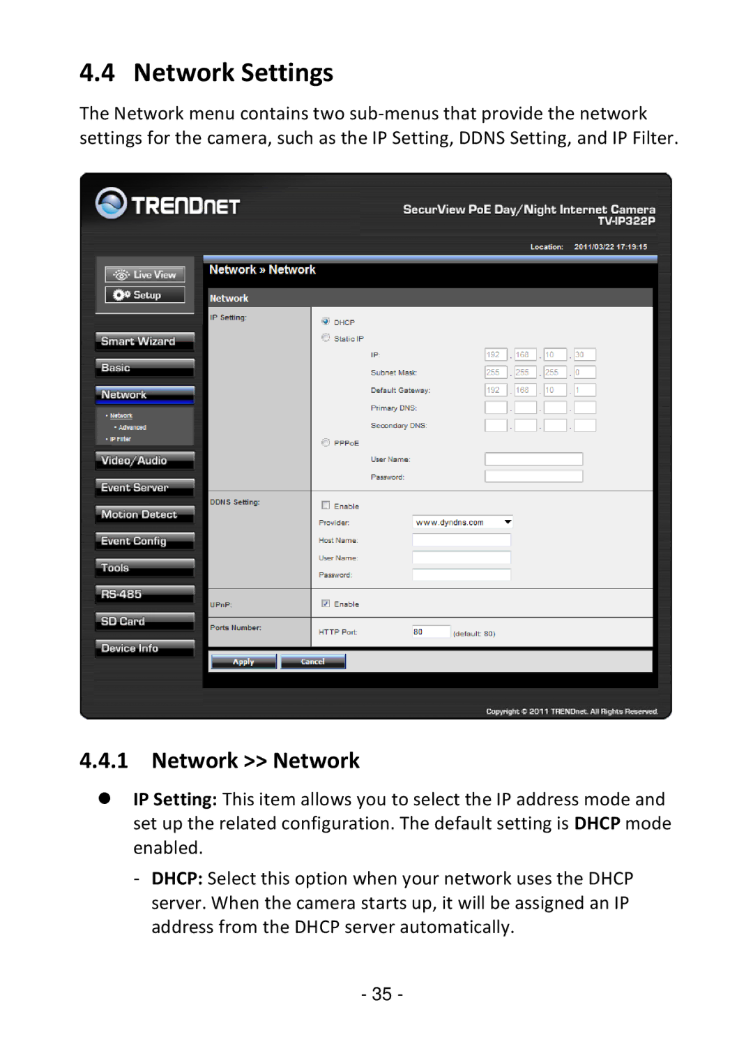 TRENDnet TV-IP322P manual Network Settings, Network Network 