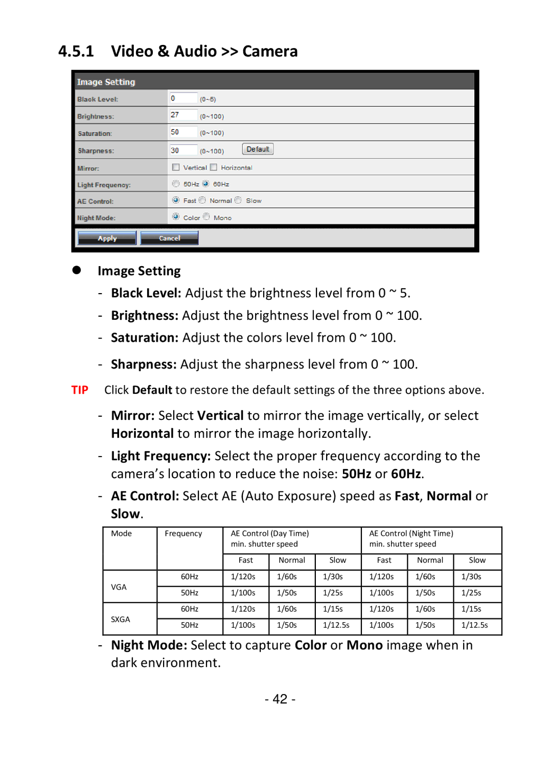 TRENDnet TV-IP322P manual Video & Audio Camera,  Image Setting 