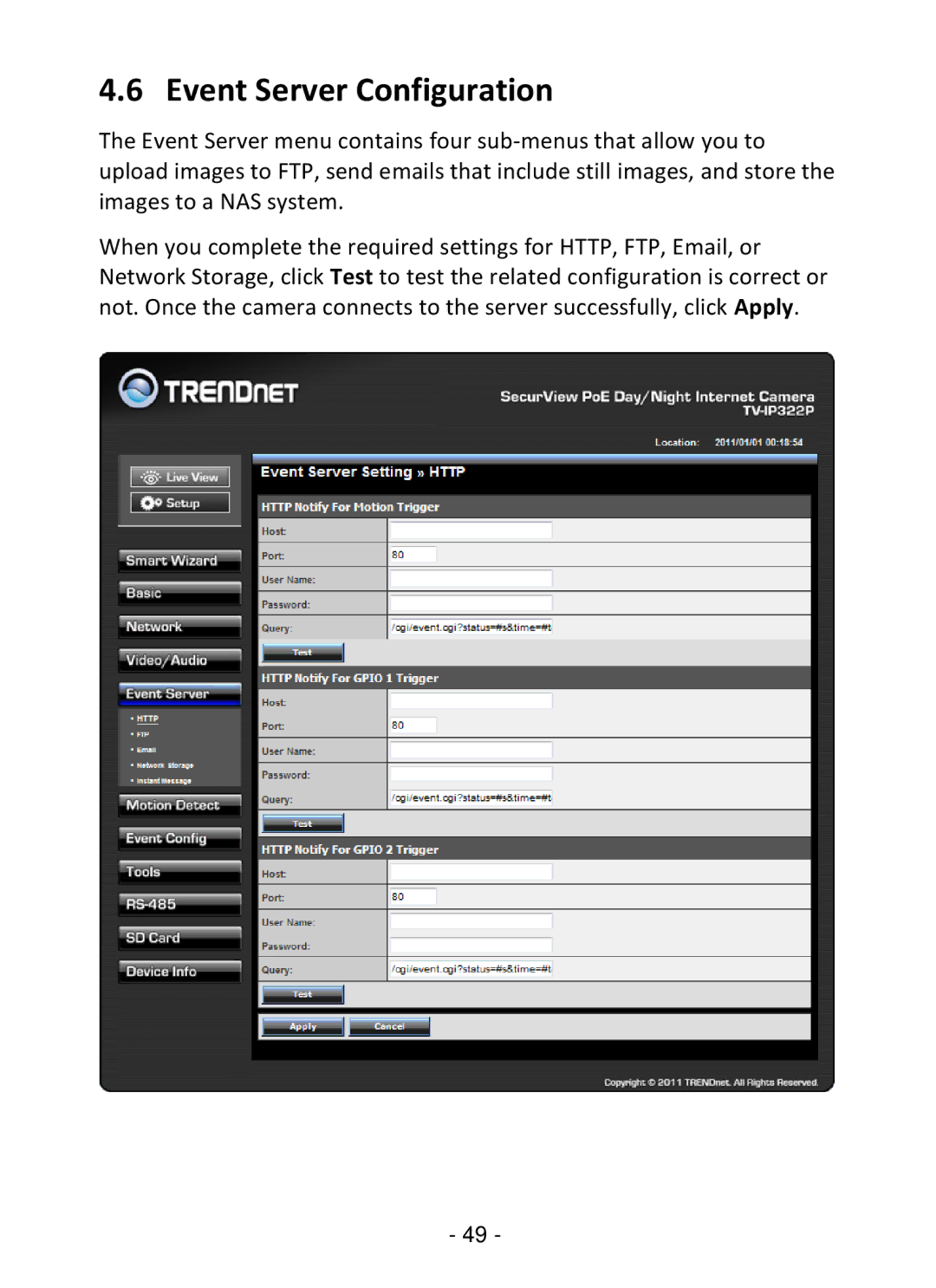 TRENDnet TV-IP322P manual Event Server Configuration 