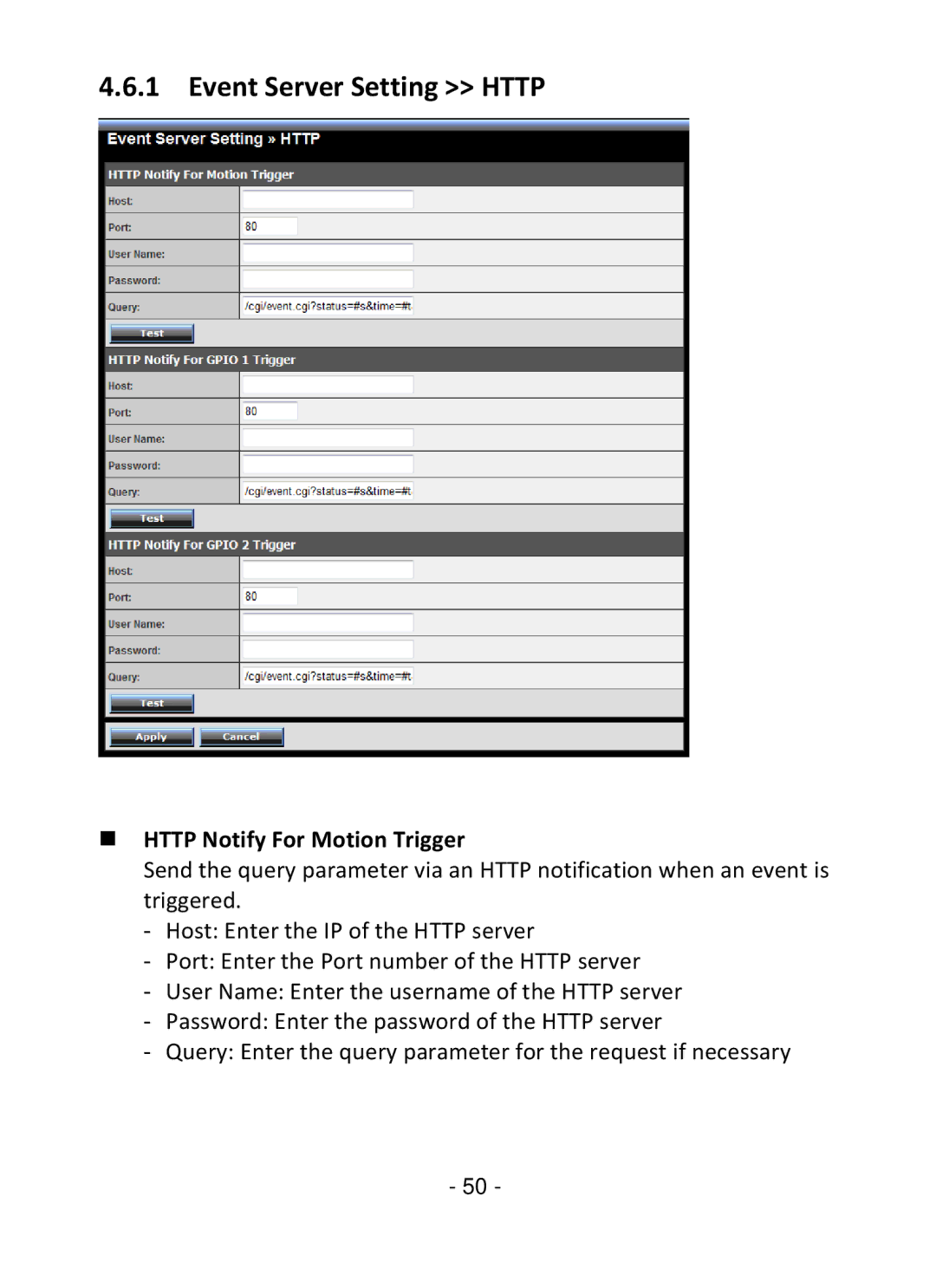 TRENDnet TV-IP322P manual Event Server Setting Http,  Http Notify For Motion Trigger 