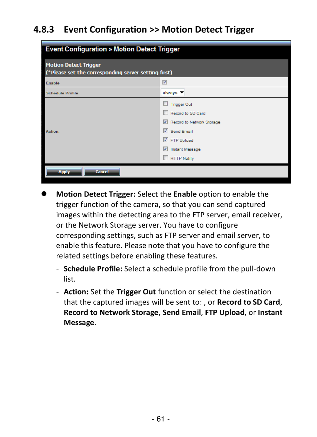 TRENDnet TV-IP322P manual Event Configuration Motion Detect Trigger 