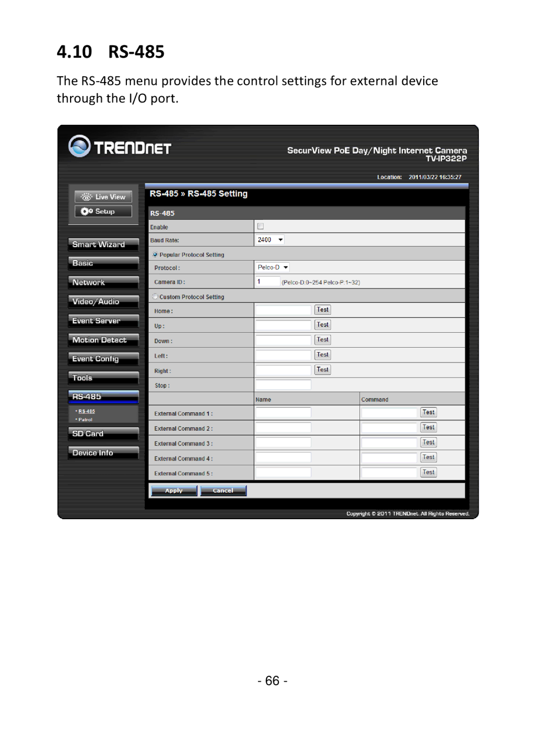 TRENDnet TV-IP322P manual 10 RS-485 