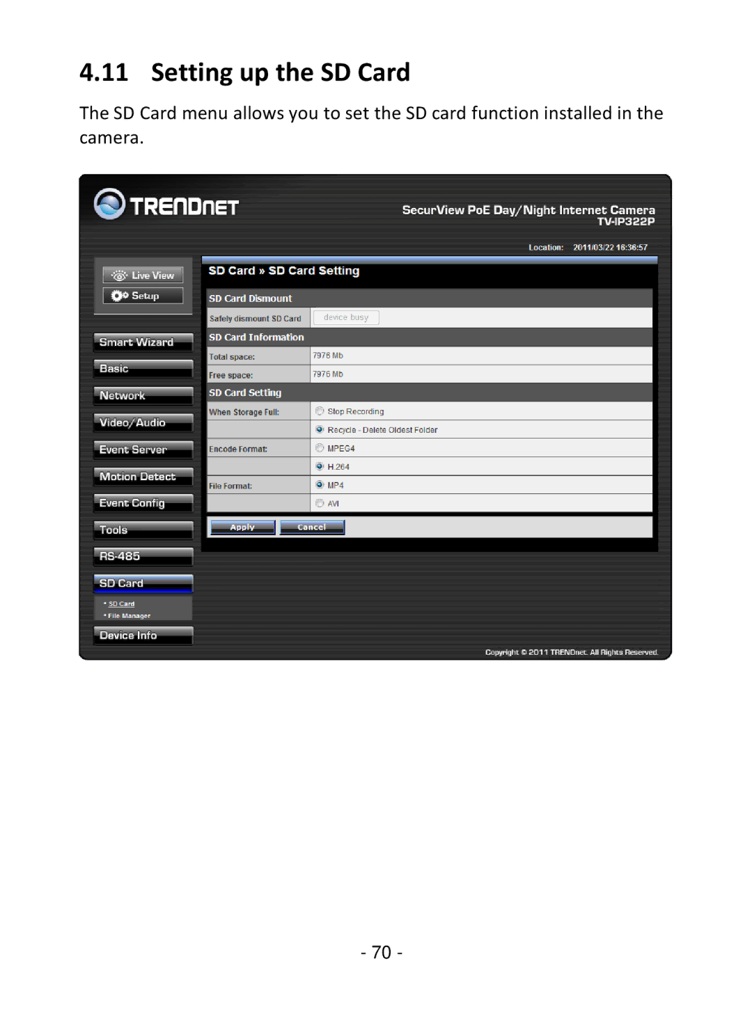 TRENDnet TV-IP322P manual Setting up the SD Card 