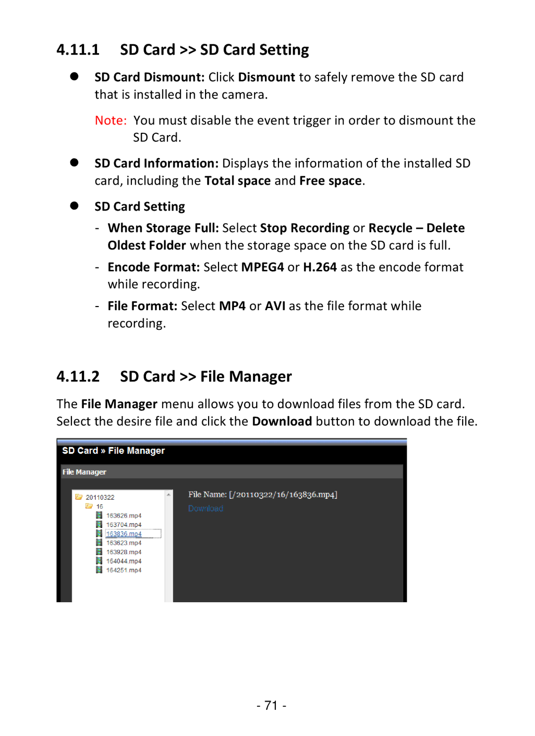 TRENDnet TV-IP322P manual SD Card SD Card Setting, SD Card File Manager 