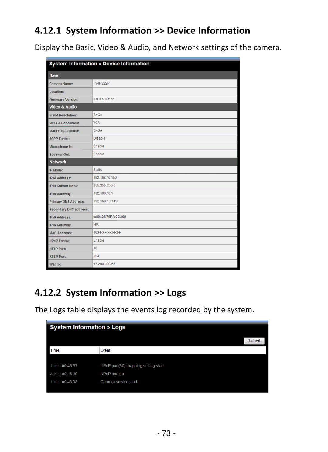 TRENDnet TV-IP322P manual System Information Device Information, System Information Logs 