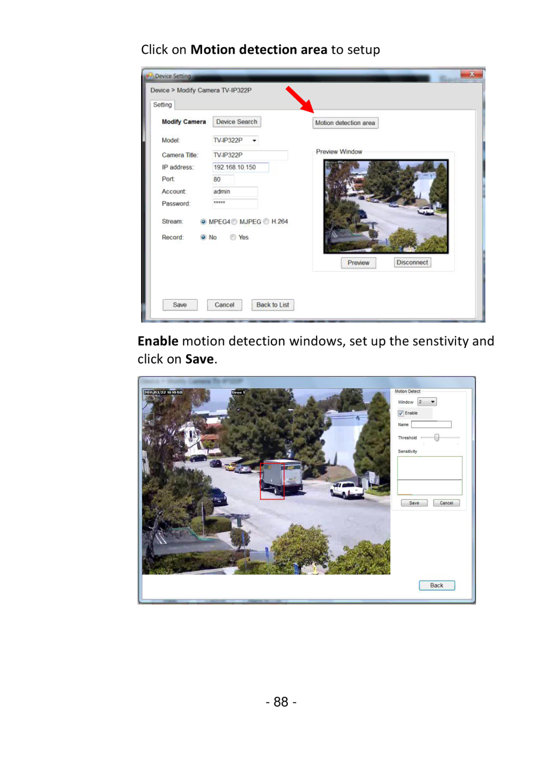 TRENDnet TV-IP322P manual Click on Motion detection area to setup 