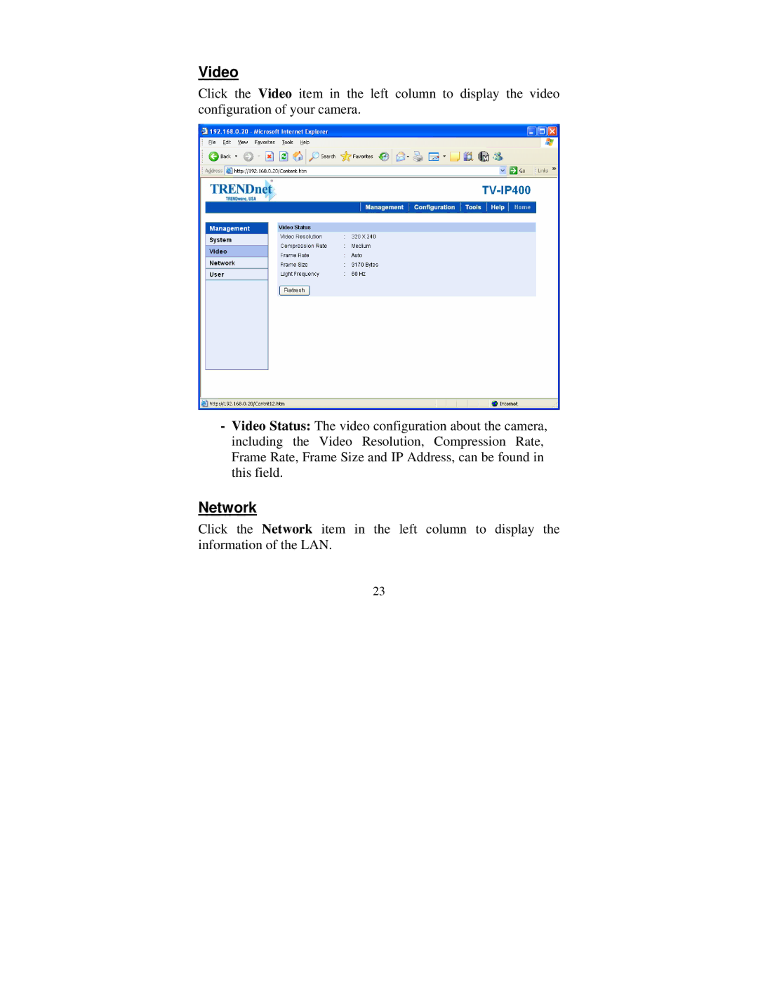 TRENDnet tv-ip400 manual Video, Network 