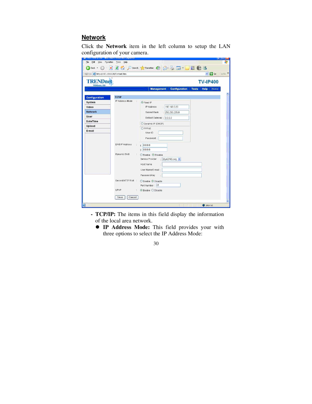 TRENDnet tv-ip400 manual Network 