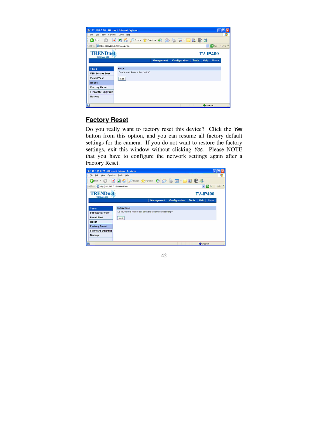 TRENDnet tv-ip400 manual Factory Reset 