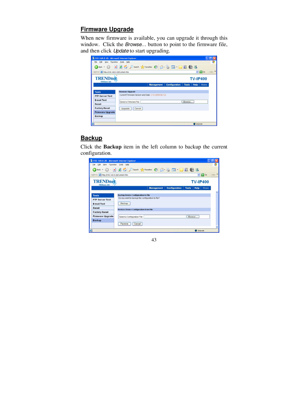 TRENDnet tv-ip400 manual Firmware Upgrade, Backup 