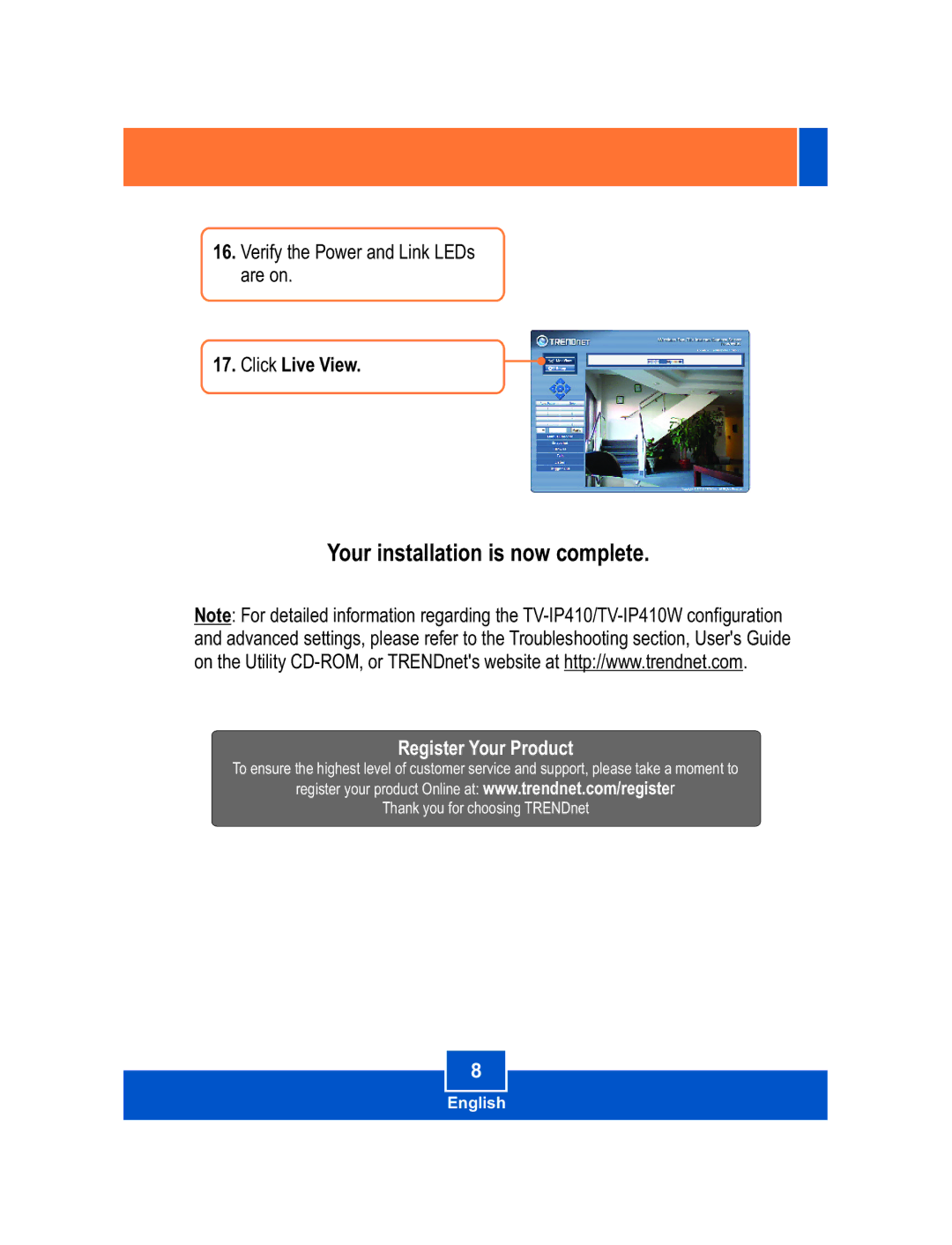 TRENDnet TV-IP410W manual Your installation is now complete, Click Live View 