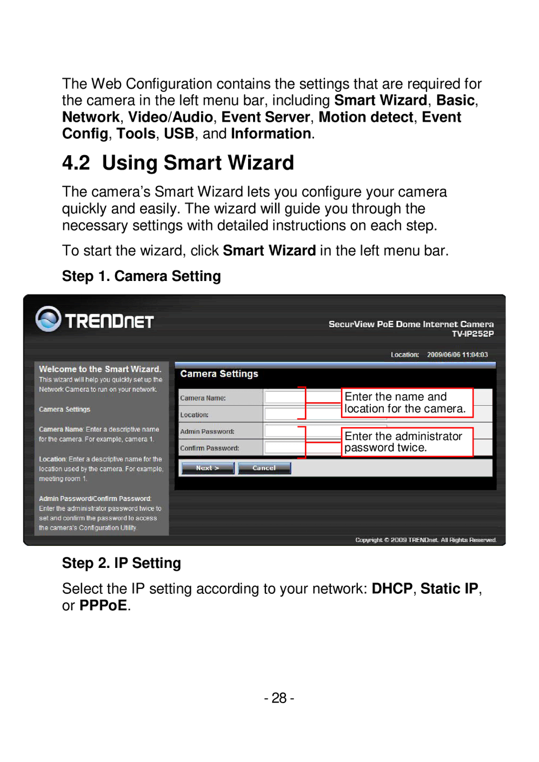 TRENDnet TVIP252P manual Using Smart Wizard, Camera Setting, IP Setting 