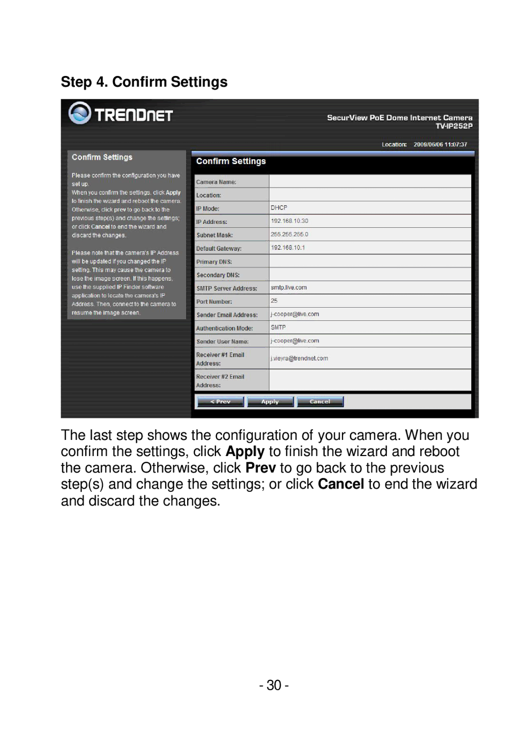 TRENDnet TVIP252P manual Confirm Settings 