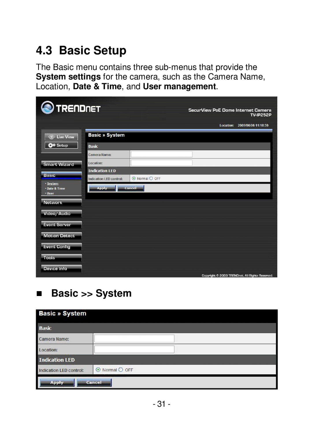 TRENDnet TVIP252P manual Basic Setup,  Basic System 