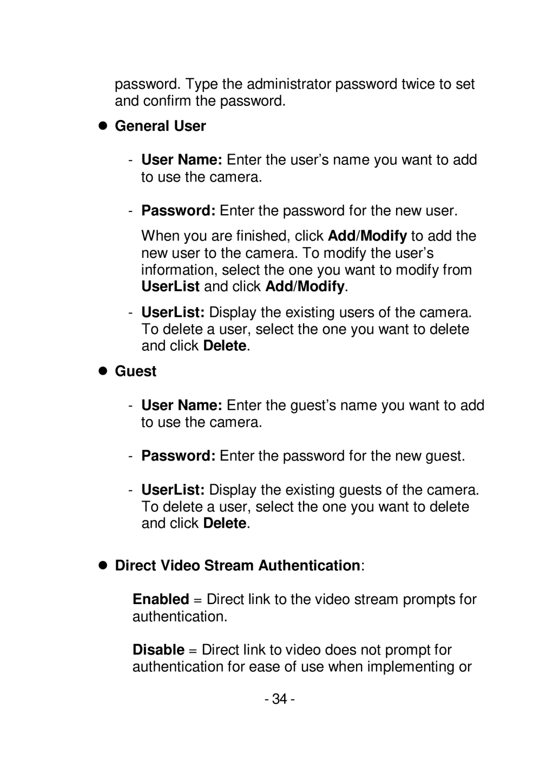 TRENDnet TVIP252P manual  General User,  Guest,  Direct Video Stream Authentication 