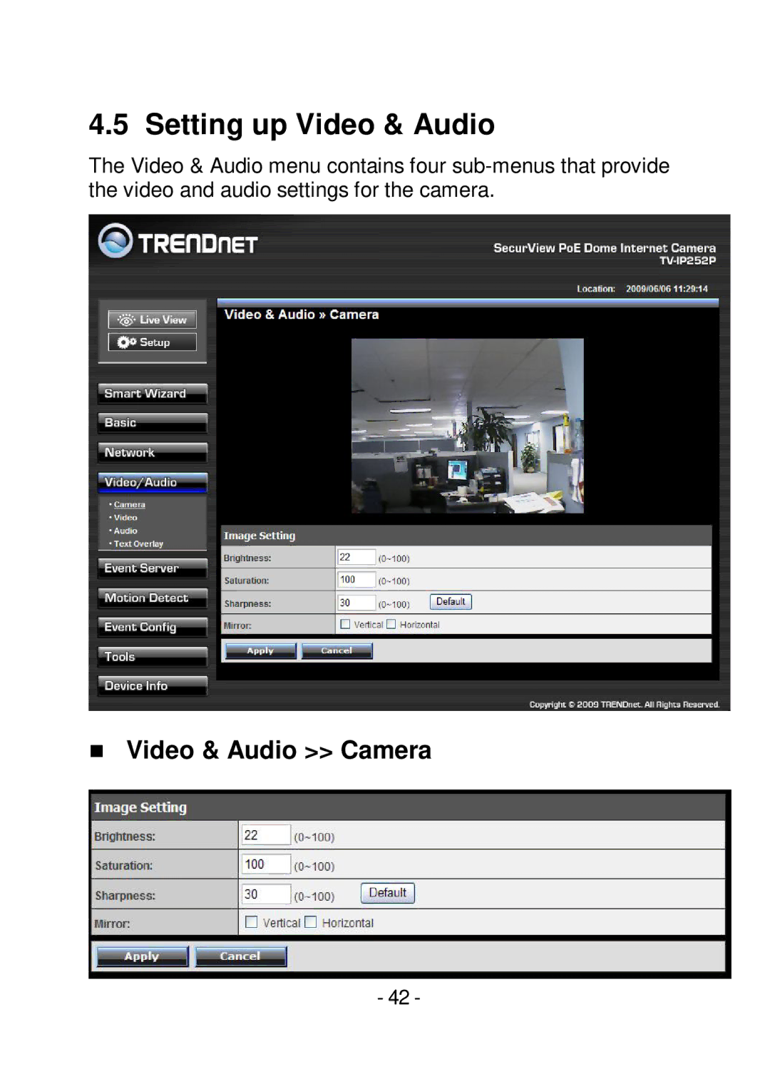 TRENDnet TVIP252P manual Setting up Video & Audio,  Video & Audio Camera 