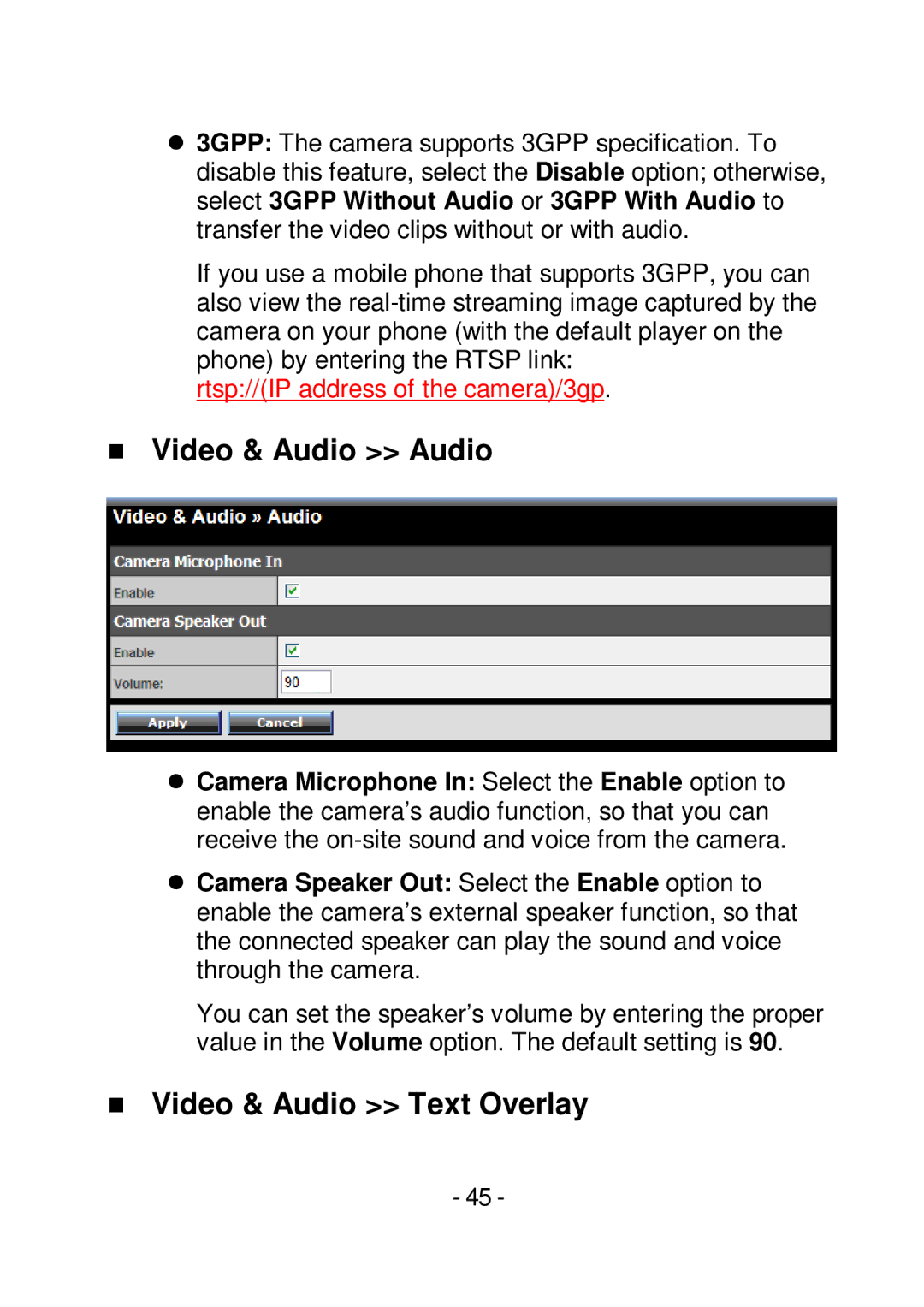 TRENDnet TVIP252P manual  Video & Audio Audio,  Video & Audio Text Overlay 