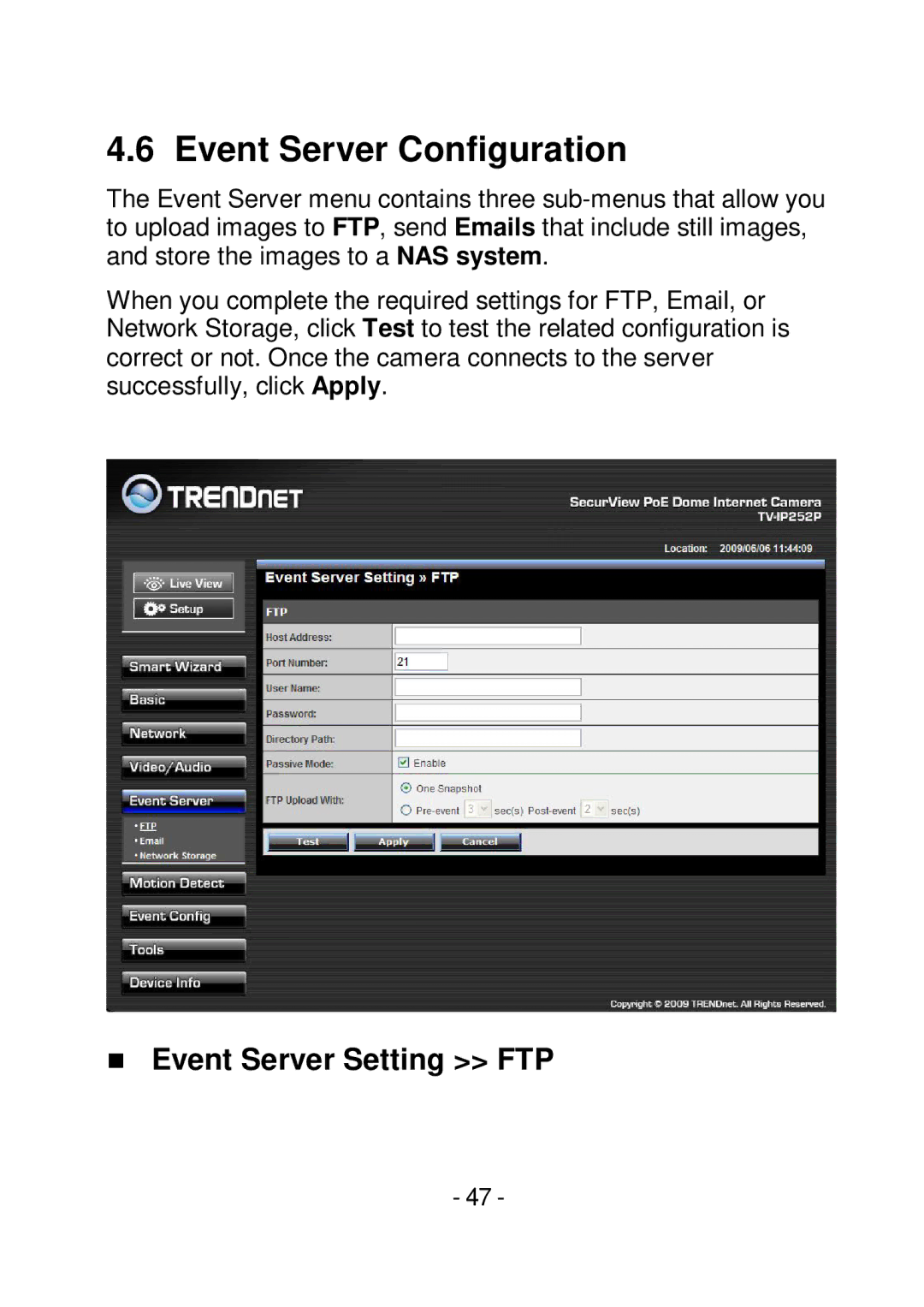 TRENDnet TVIP252P manual Event Server Configuration,  Event Server Setting FTP 