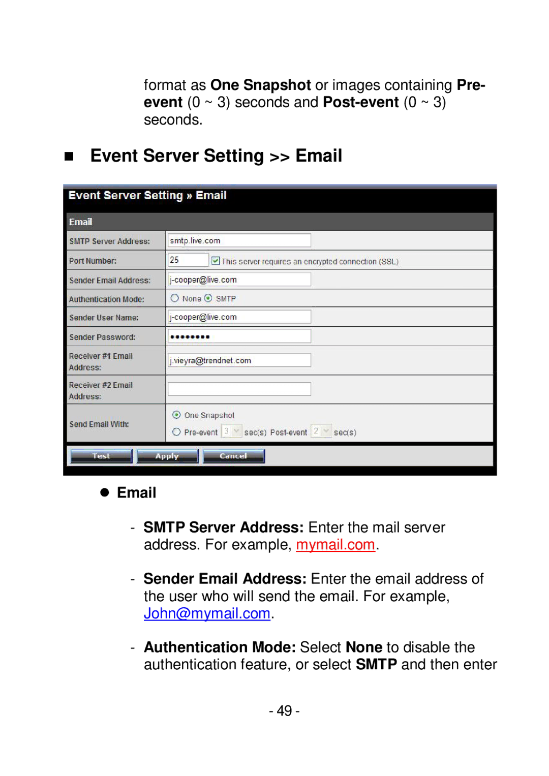 TRENDnet TVIP252P manual  Event Server Setting Email,  Email 