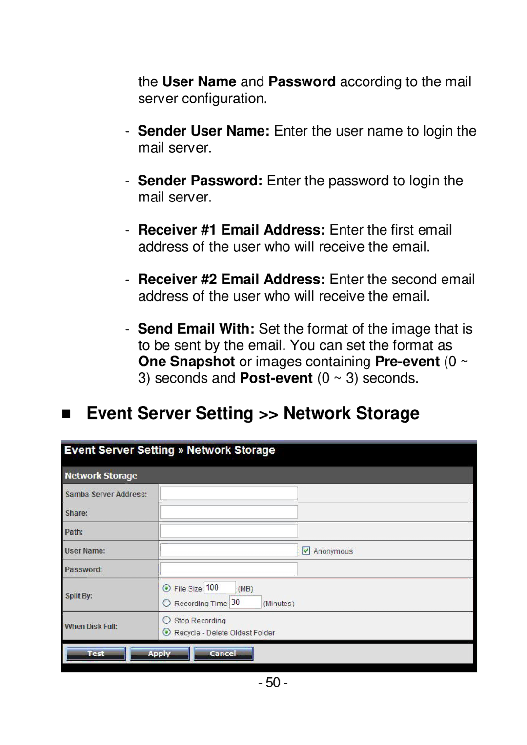 TRENDnet TVIP252P manual  Event Server Setting Network Storage 