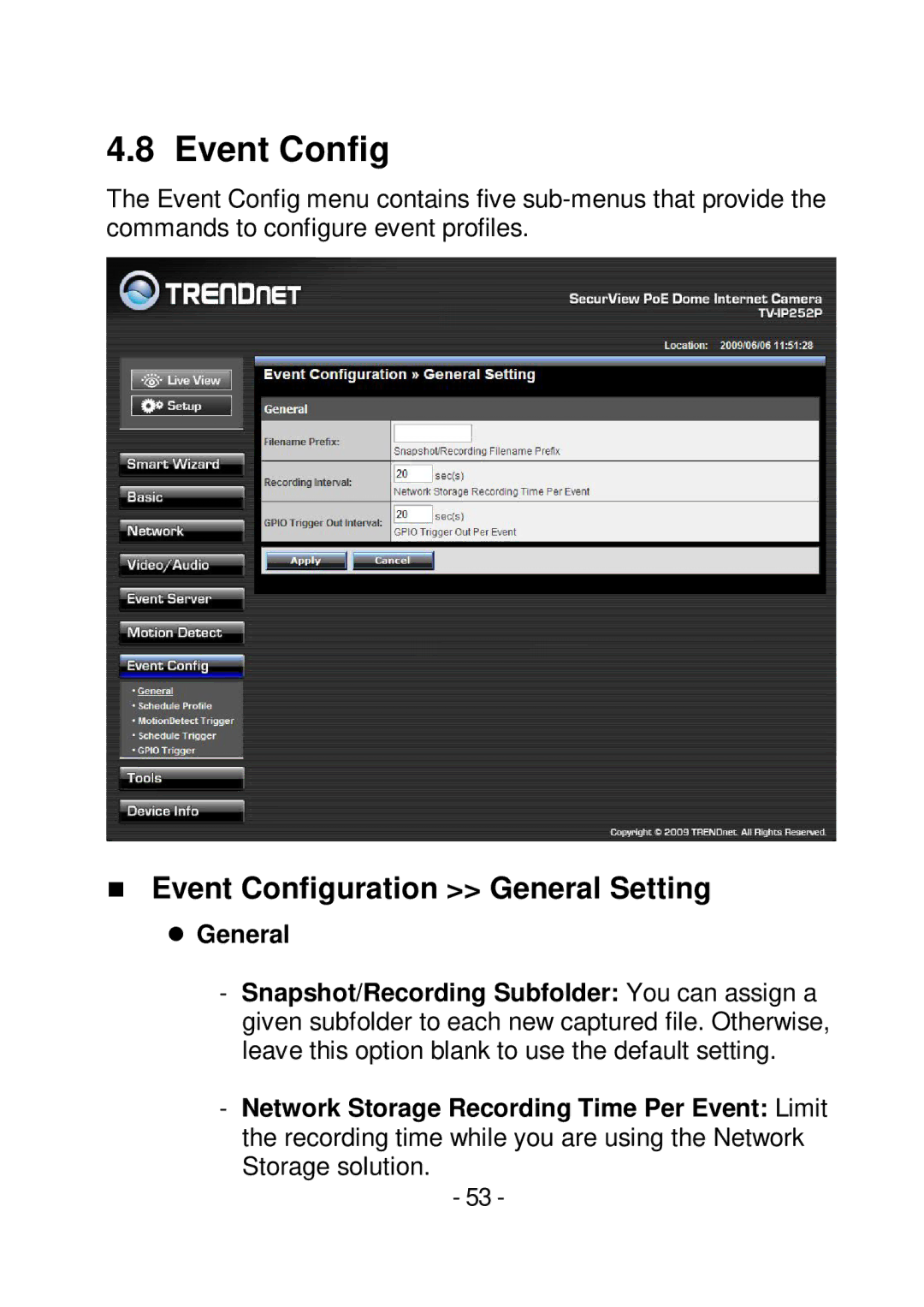 TRENDnet TVIP252P manual  Event Configuration General Setting 