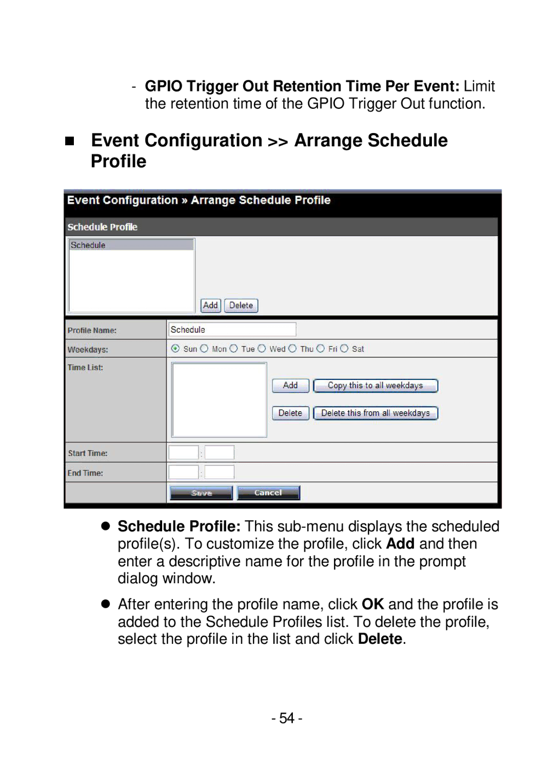 TRENDnet TVIP252P manual  Event Configuration Arrange Schedule Profile 