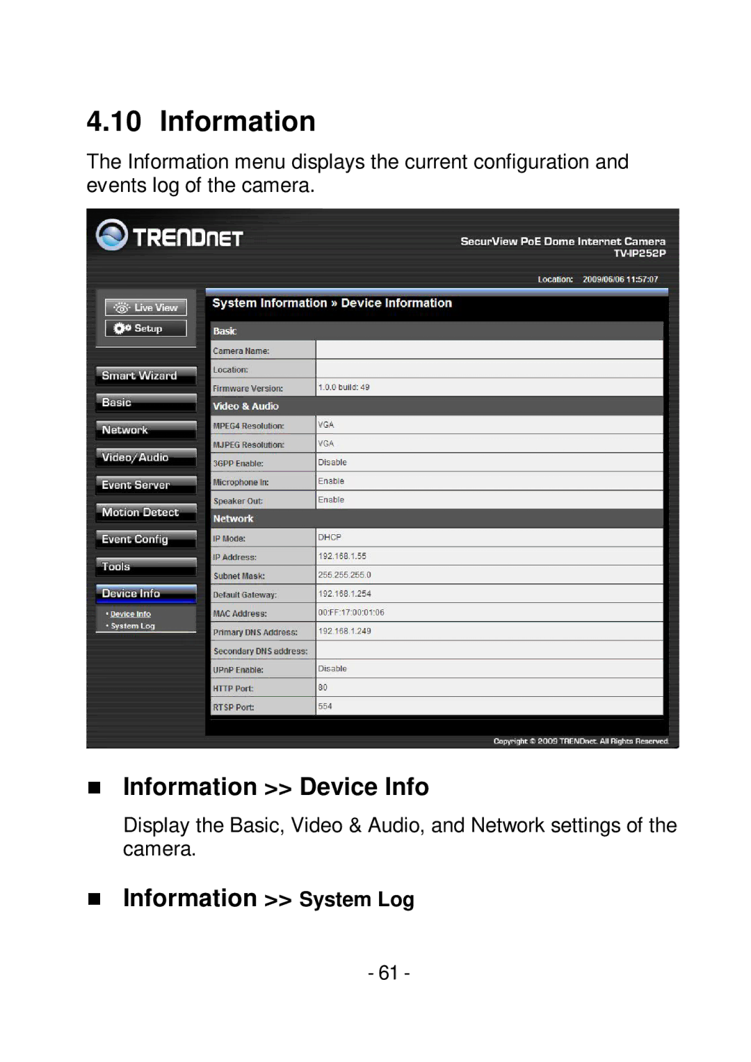 TRENDnet TVIP252P manual  Information Device Info,  Information System Log 