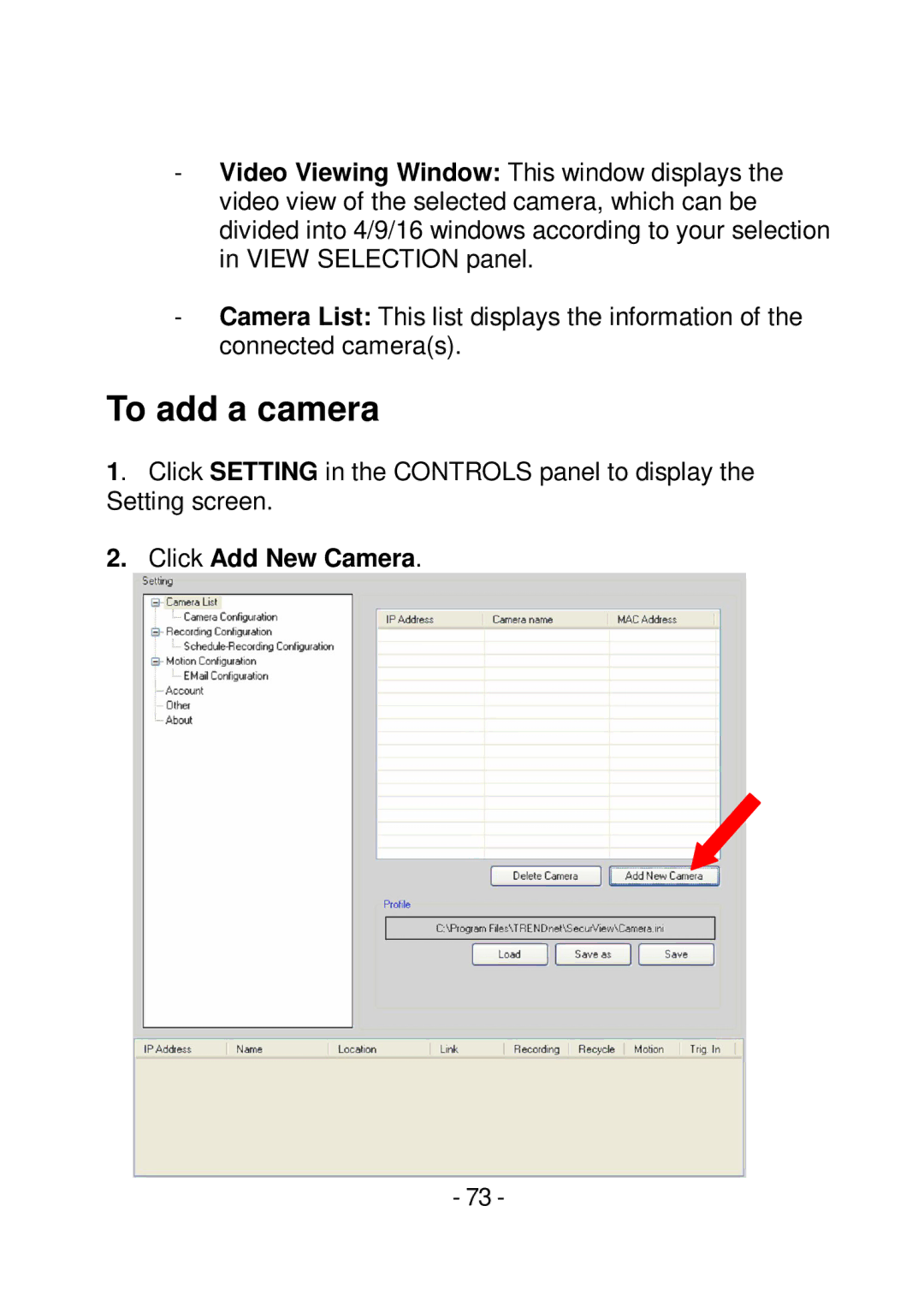 TRENDnet TVIP252P manual To add a camera, Click Add New Camera 