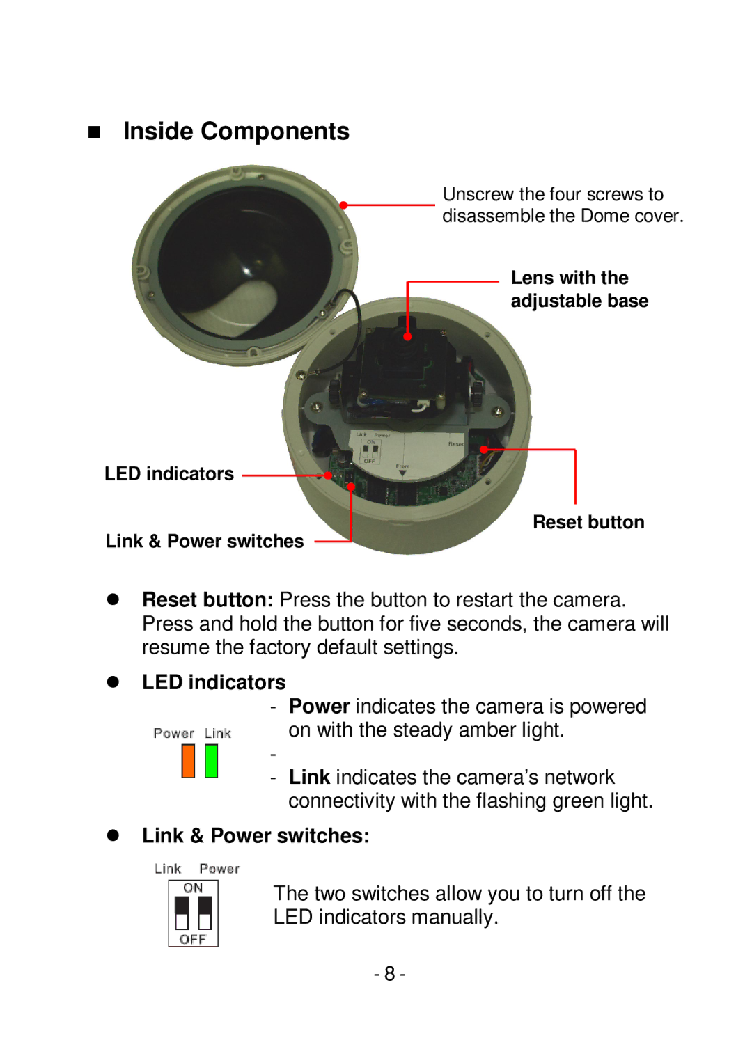 TRENDnet TVIP252P manual  Inside Components,  LED indicators,  Link & Power switches 