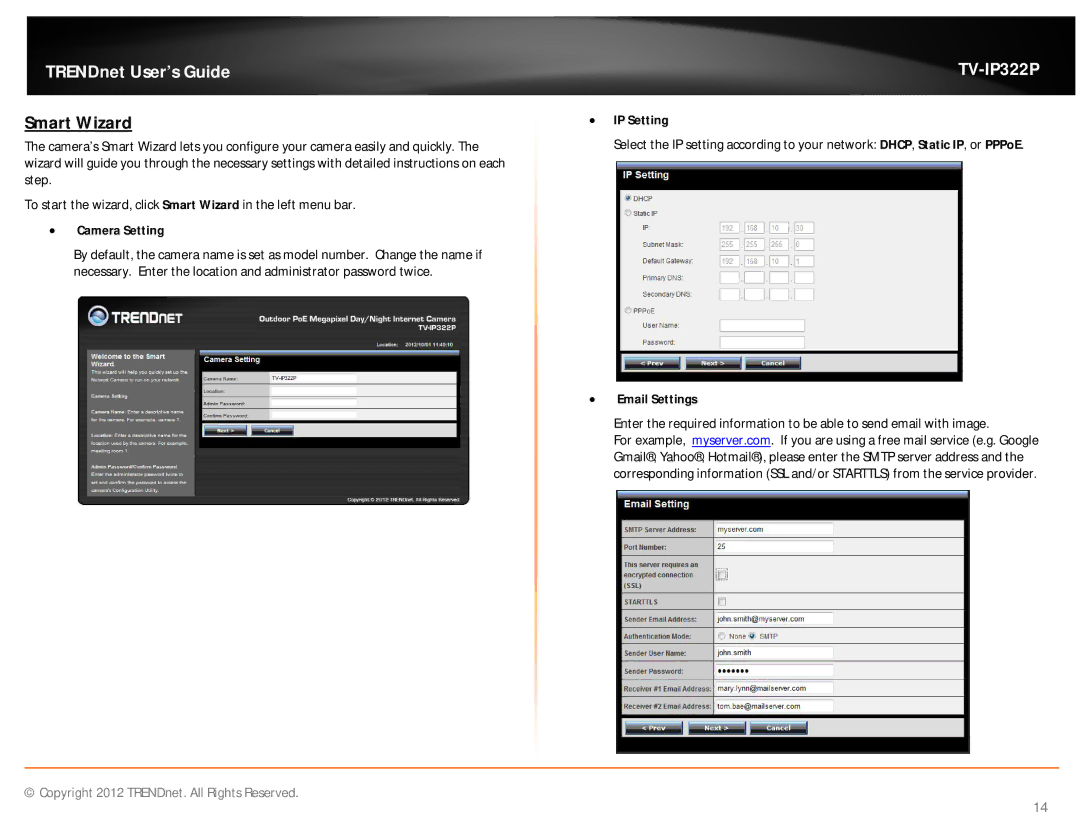 TRENDnet TVIP322P manual Smart Wizard,  Camera Setting,  IP Setting,  Email Settings 