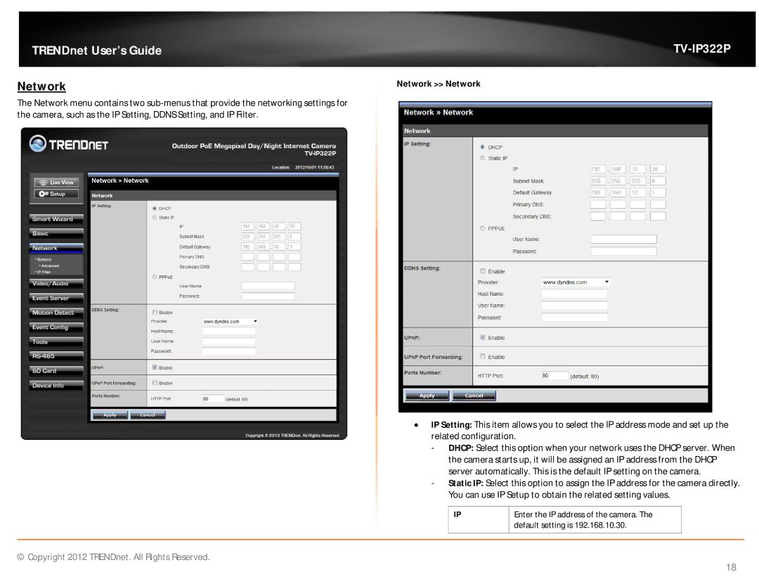 TRENDnet TVIP322P manual Network Network 