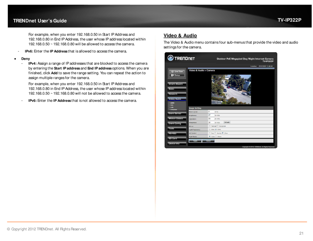 TRENDnet TVIP322P manual Video & Audio,  Deny 