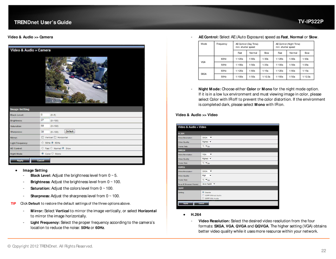 TRENDnet TVIP322P manual Video & Audio Camera  Image Setting, Video & Audio Video  H.264 