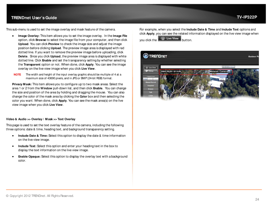 TRENDnet TVIP322P manual Video & Audio Overlay / Mask Text Overlay 