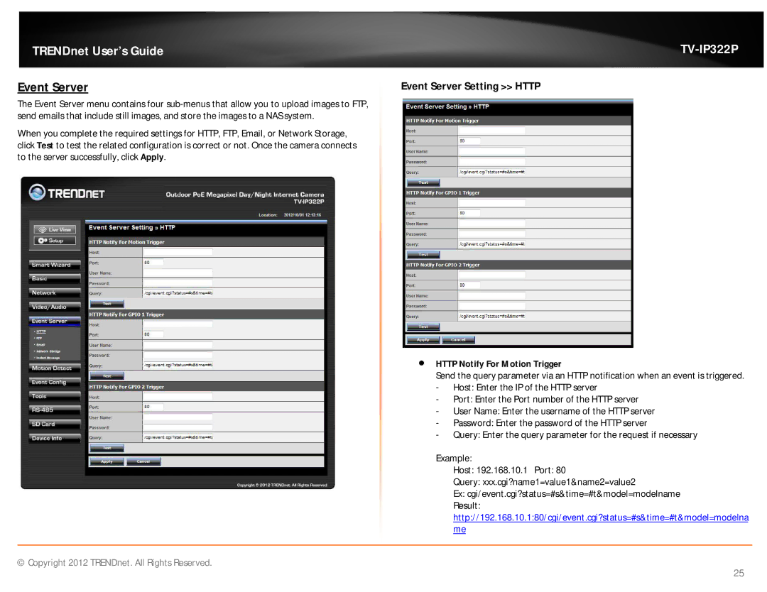 TRENDnet TVIP322P manual Event Server,  Http Notify For Motion Trigger 