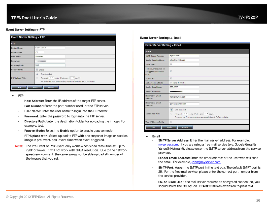 TRENDnet TVIP322P manual Event Server Setting FTP,  Ftp, Event Server Setting Email  Email 