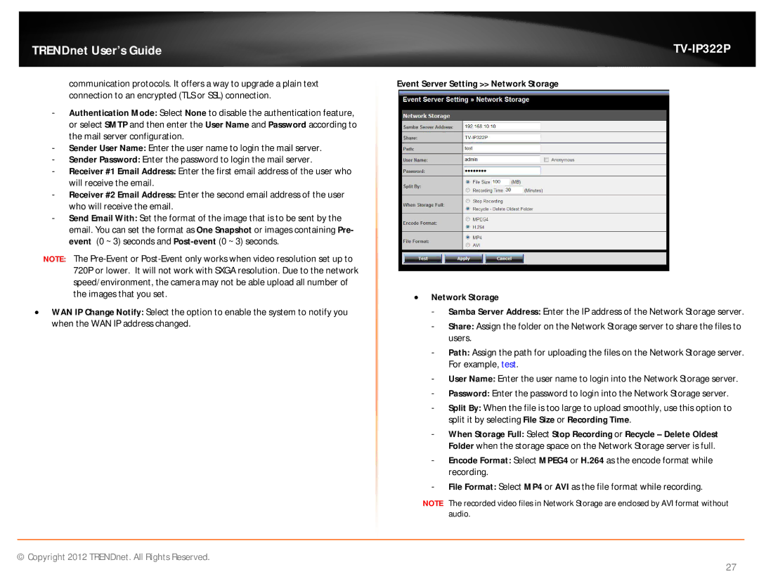 TRENDnet TVIP322P manual Event Server Setting Network Storage  Network Storage 