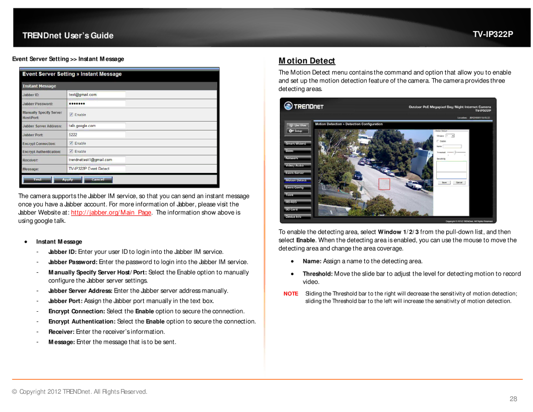TRENDnet TVIP322P manual Motion Detect, Event Server Setting Instant Message,  Instant Message 
