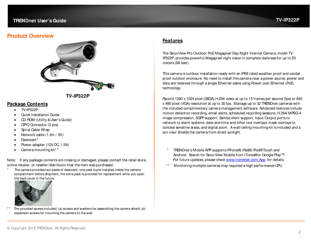 TRENDnet TVIP322P manual Product Overview, Package Contents, Features 