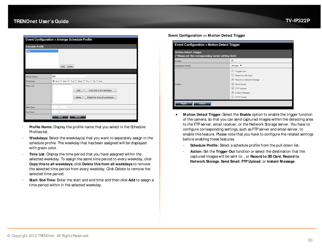 TRENDnet TVIP322P manual Event Configuration Motion Detect Trigger 