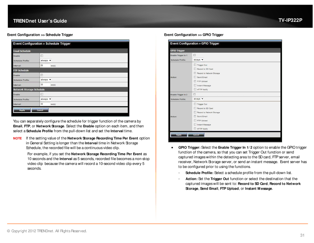 TRENDnet TVIP322P manual Event Configuration Schedule Trigger, Event Configuration Gpio Trigger 