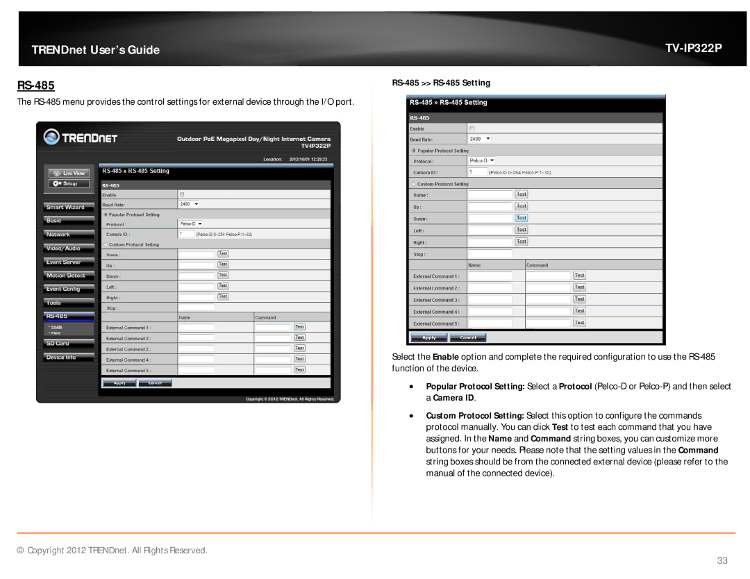 TRENDnet TVIP322P manual RS-485 RS-485 Setting 