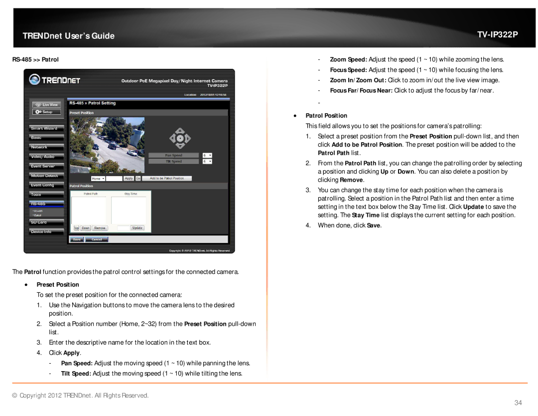 TRENDnet TVIP322P manual RS-485 Patrol,  Preset Position,  Patrol Position 